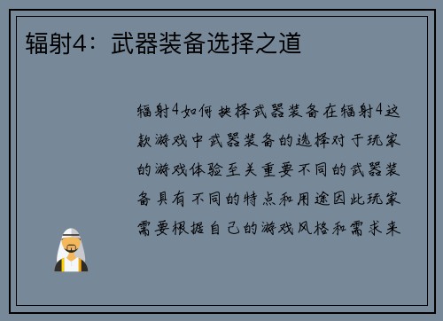 辐射4：武器装备选择之道