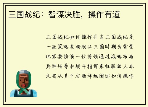 三国战纪：智谋决胜，操作有道