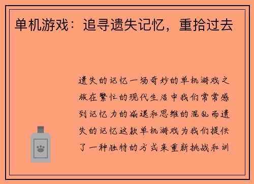 单机游戏：追寻遗失记忆，重拾过去